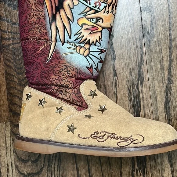 Ed Hardy Born Free Winter Boots Women's Size 5 American Eagle Fur Lined